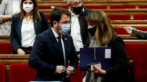 Elecciones catalanas 2021: El presidente en funciones de la Generalitat, Pere Aragonés, y la portavoz, Meritxell Budó Elecciones catalanas 2021: El presidente en funciones de la Generalitat, Pere Aragonés, y la portavoz, Meritxell Budó