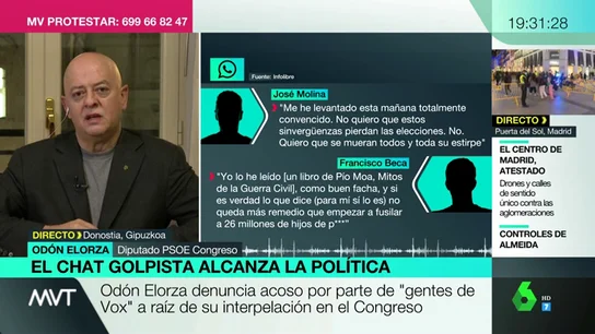 Odón Elorza denuncia acoso por "gente de Vox" tras su interpelación en el Congreso: "Olona reconoció que los fascistas del chat de militares eran de los suyos" Odón Elorza denuncia acoso por "gente de Vox" tras su interpelación en el Congreso: "Olona reconoció que los fascistas del chat de militares eran de los suyos"