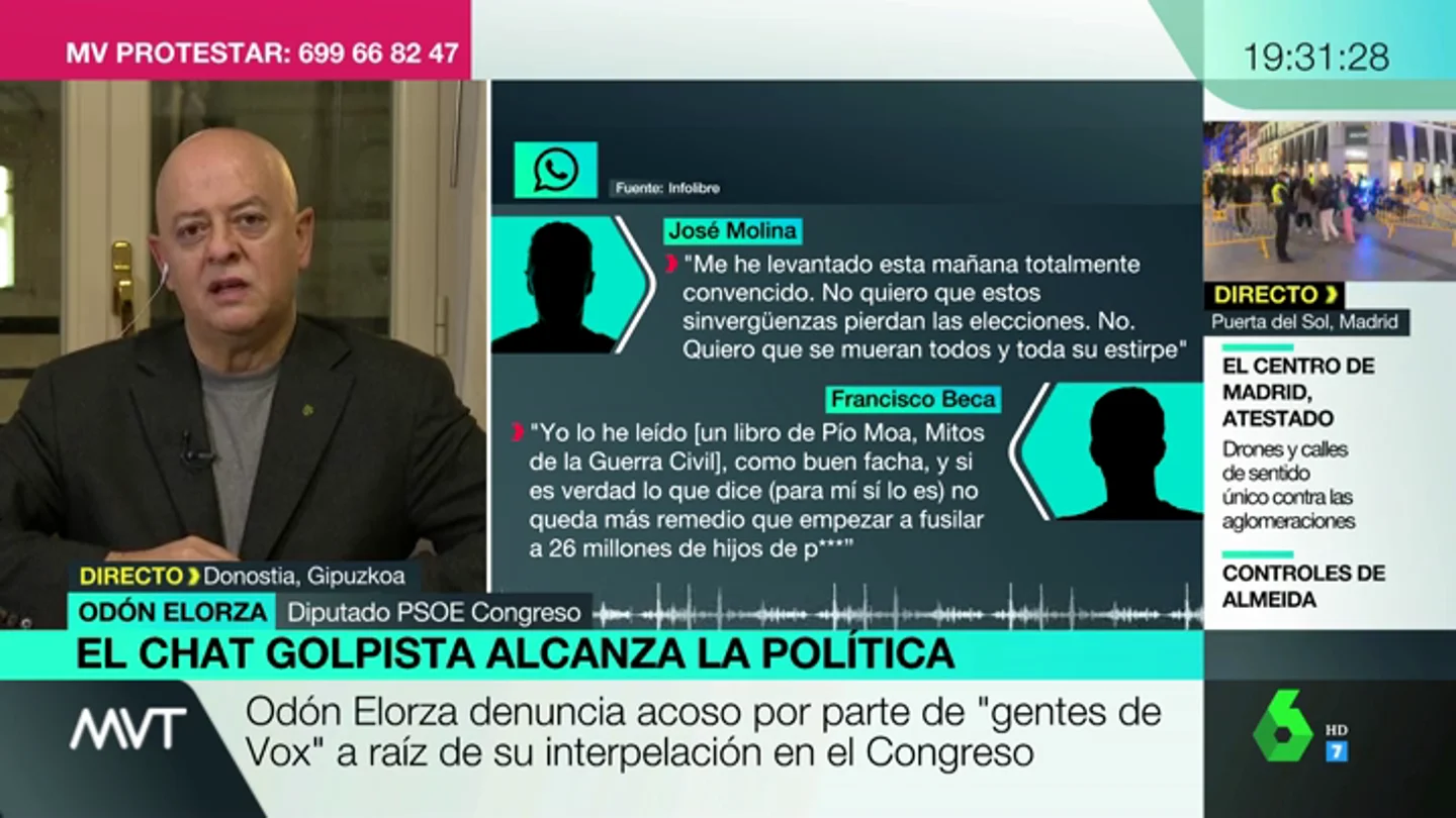 Odón Elorza denuncia acoso por "gente de Vox" tras su interpelación en el Congreso: "Olona reconoció que los fascistas del chat de militares eran de los suyos" Odón Elorza denuncia acoso por "gente de Vox" tras su interpelación en el Congreso: "Olona reconoció que los fascistas del chat de militares eran de los suyos"