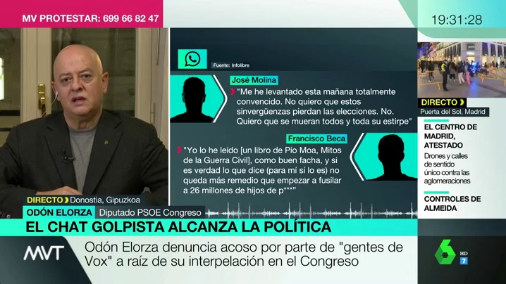 Odón Elorza denuncia acoso por "gente de Vox" tras su interpelación en el Congreso: "Olona reconoció que los fascistas del chat de militares eran de los suyos" Odón Elorza denuncia acoso por "gente de Vox" tras su interpelación en el Congreso: "Olona reconoció que los fascistas del chat de militares eran de los suyos"