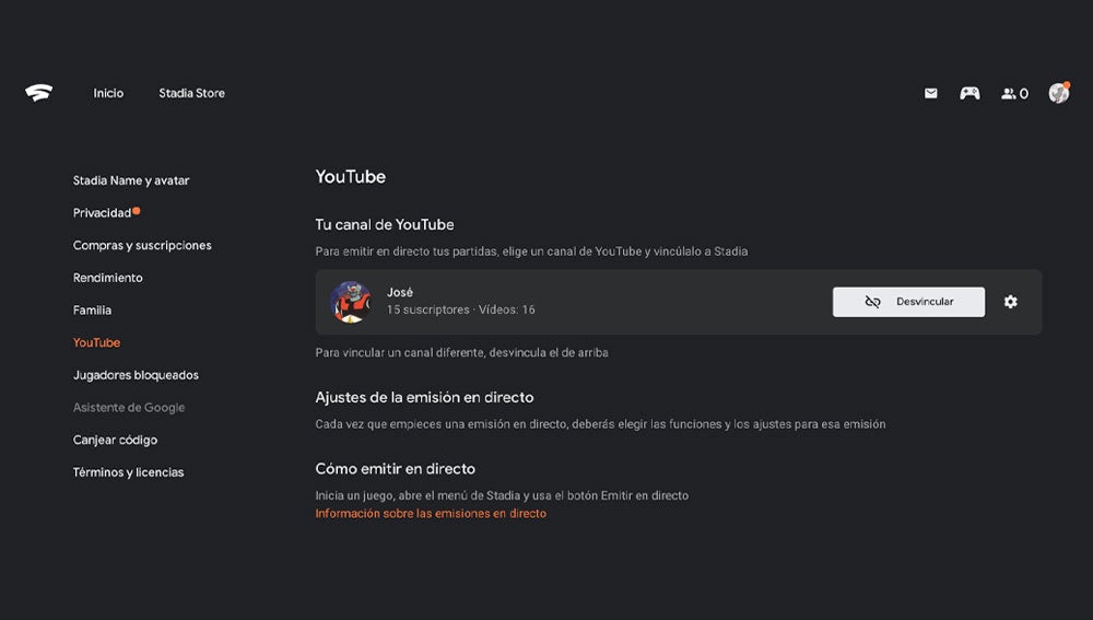 Emisión en directo de Stadia a través de YouTube.