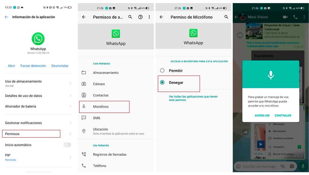 Denegando a WhatsApp el acceso al micrófono