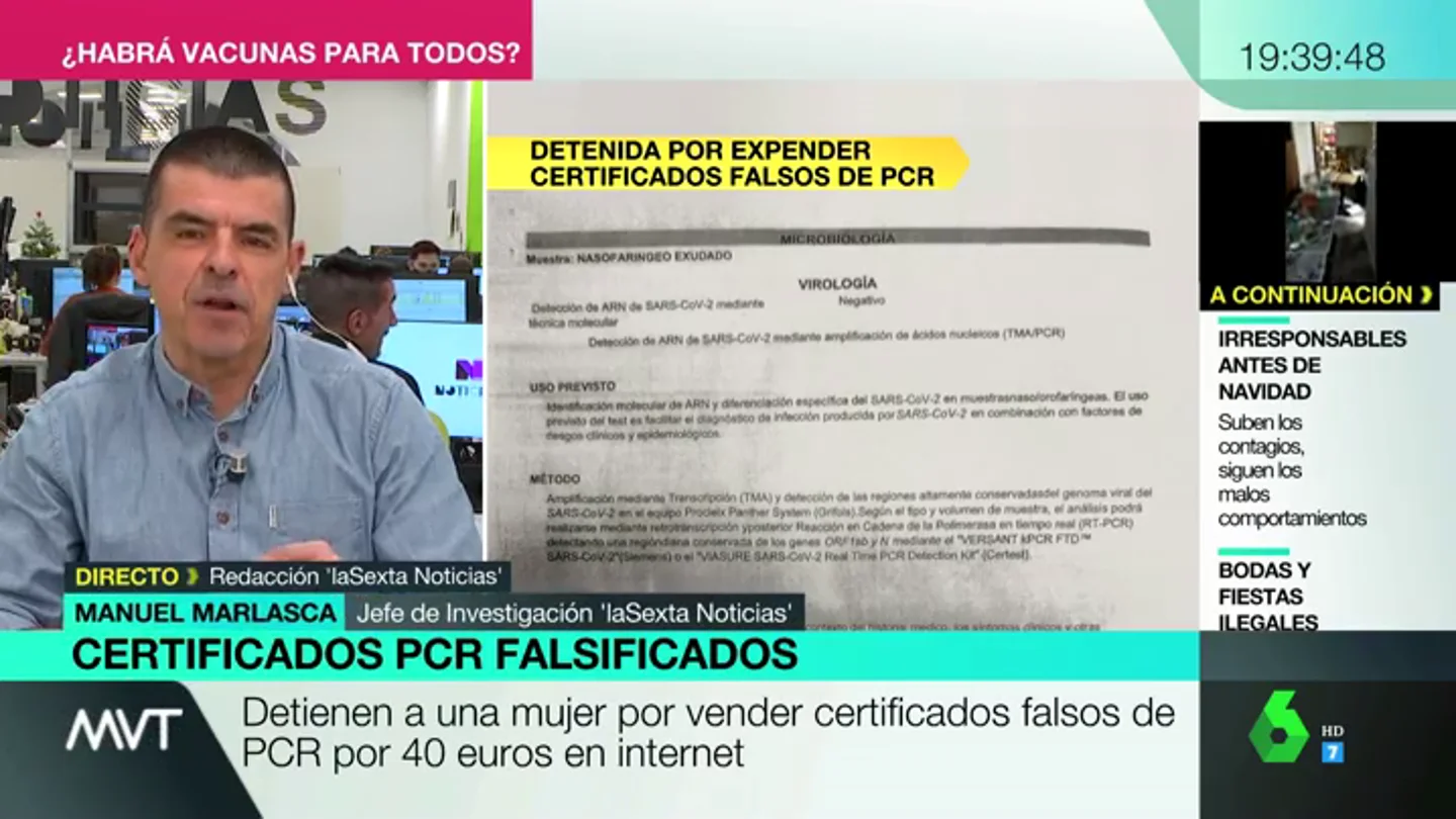 Detenida una mujer por vender certificados falsos de PCR negativa por 40 euros Detenida una mujer por vender certificados falsos de PCR negativa por 40 euros