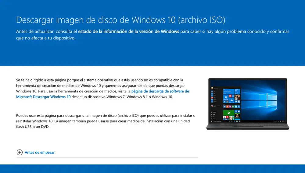 Página de descarga de Windows 10.