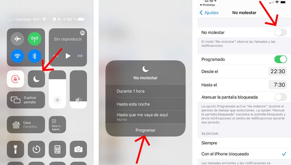 Centro de control dei iOS para silenciar notificaciones.