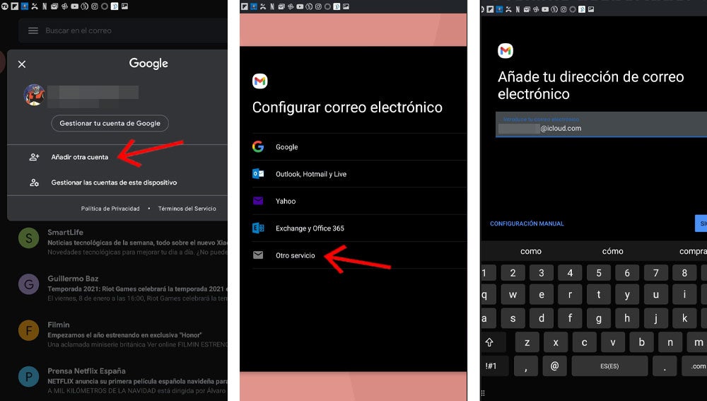 Añadir cuenta de iCloud en Gmail para Android.