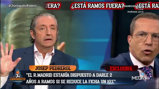 Tenso cara a cara entre Josep Pedrerol y Cristóbal Soria en 'El Chiringuito' por Ramos: "Quién te dice que tu precio es más de 12..." Tenso cara a cara entre Josep Pedrerol y Cristóbal Soria en 'El Chiringuito' por Ramos: "Quién te dice que tu precio es más de 12..."