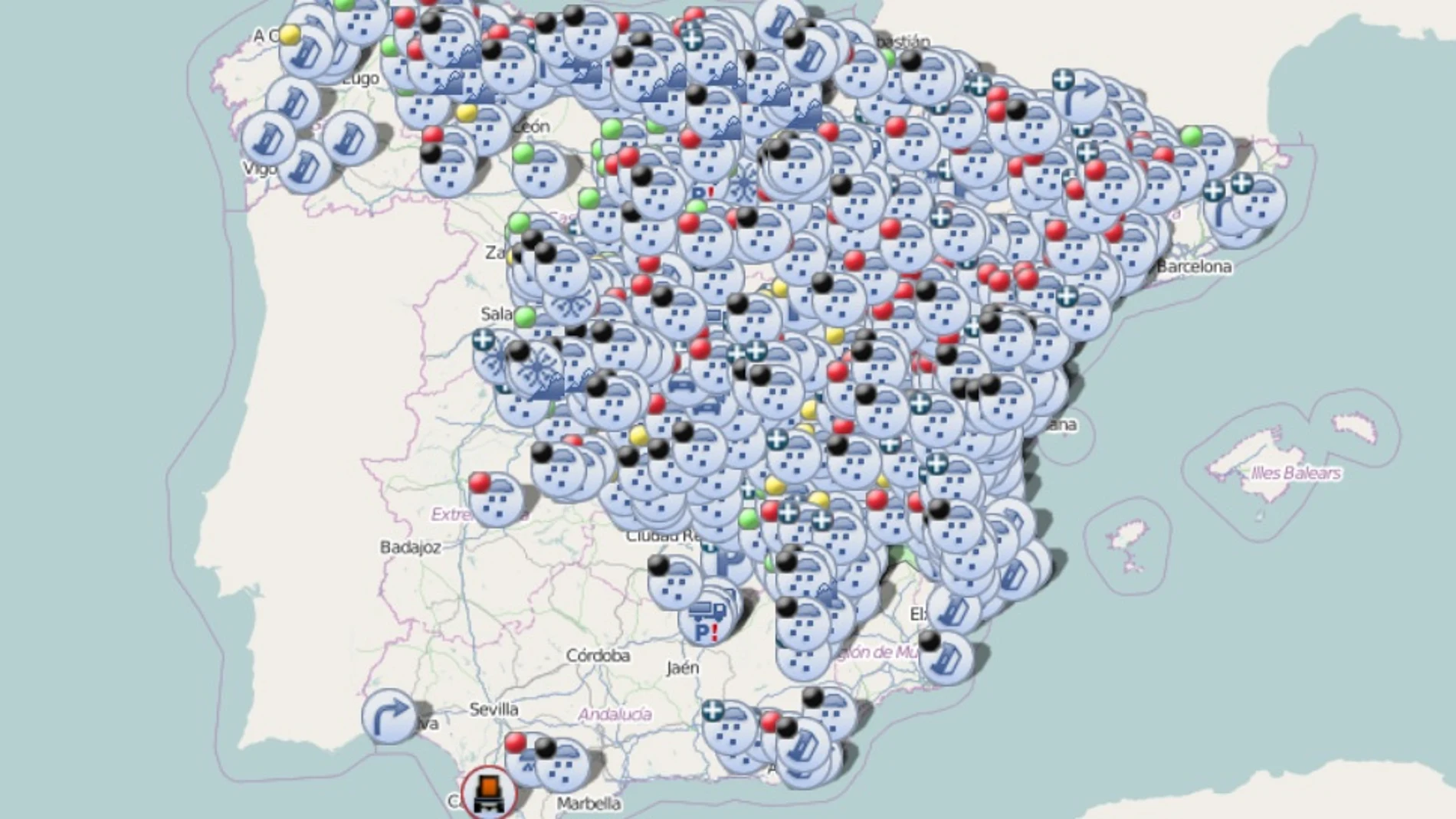 Imagen del mapa de España con las incidencias en las carreteras
