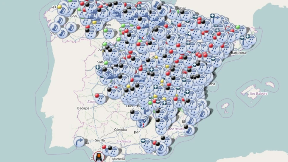 Imagen del mapa de España con las incidencias en las carreteras