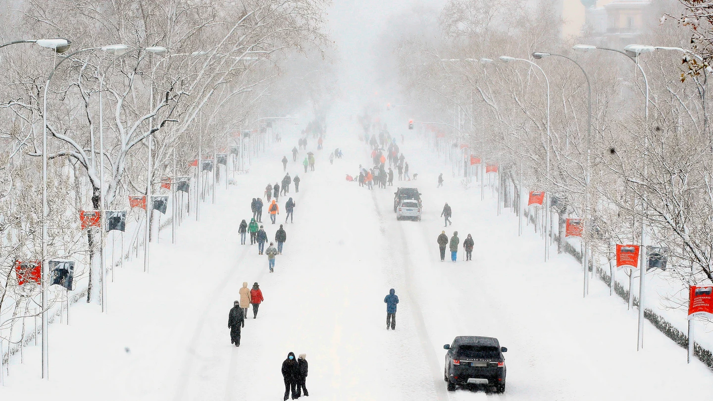 El Paseo de la Castellana de Madrid, cubierto por la nieve El Paseo de la Castellana de Madrid, cubierto por la nieve