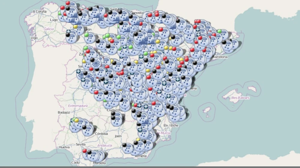 Imagen del mapa interactivo de la DGT sobre el estado de las carreteras en España