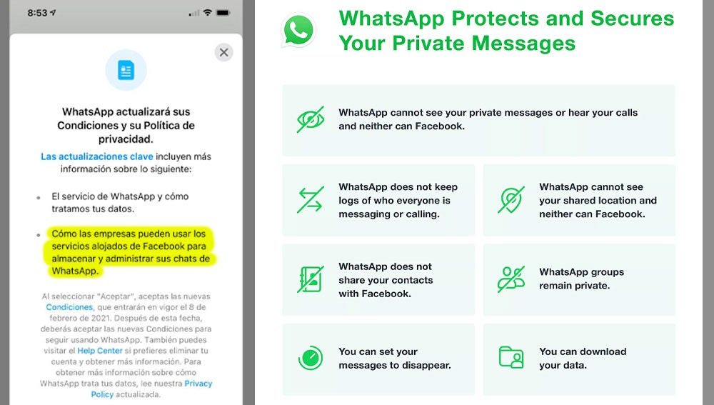 Publicación de WhatsApp sobre los cambios en sus 'Términos de uso'.