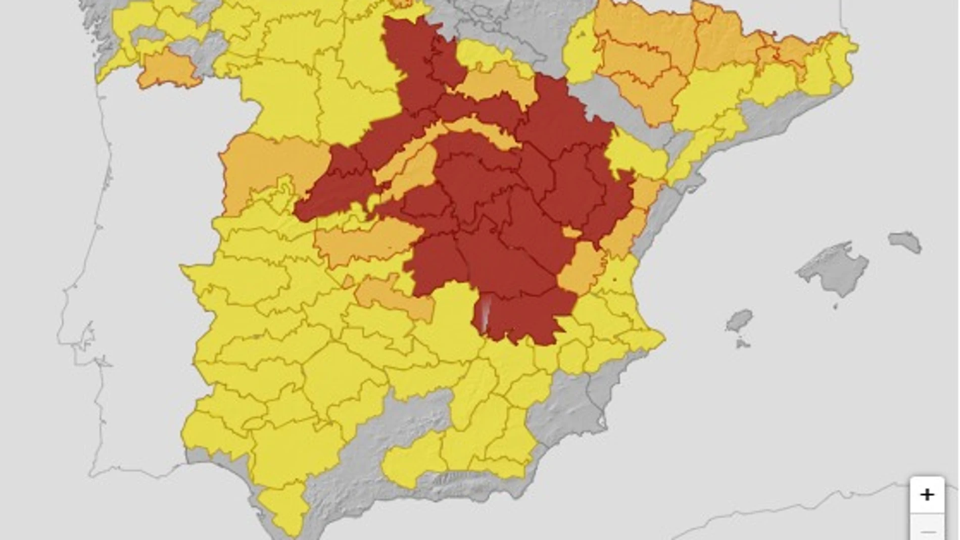 Mapa de la AEMET con las provincias en alerta roja, naranja y amarilla