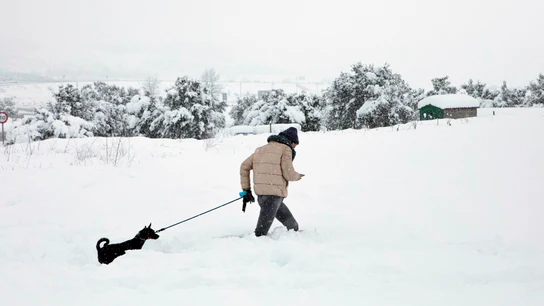 Una persona pasea con su perro en la nieve en Barracas (Castellón) Una persona pasea con su perro en la nieve en Barracas (Castellón)