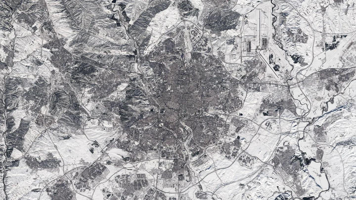 Imagen satelital de la Comunidad de Madrid cubierta de nieve. Imagen satelital de la Comunidad de Madrid cubierta de nieve.