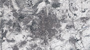 Imagen satelital de la Comunidad de Madrid cubierta de nieve.