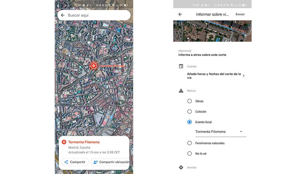 Tormenta Filomena en Google Maps