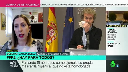 Déborah García desmonta a Simón por poner como ejemplo una mascarilla no homologada: "Está tirando por tierra todo el trabajo" Déborah García desmonta a Simón por poner como ejemplo una mascarilla no homologada: "Está tirando por tierra todo el trabajo"