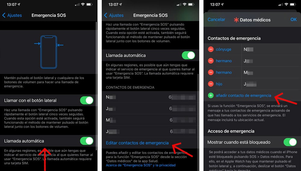 Configurar los contactos de emergencia en el iPhone.