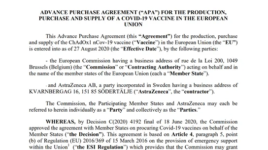 Captura del contrato firmado entre AstraZeneca y la Comisión Europea vacunas coronavirus