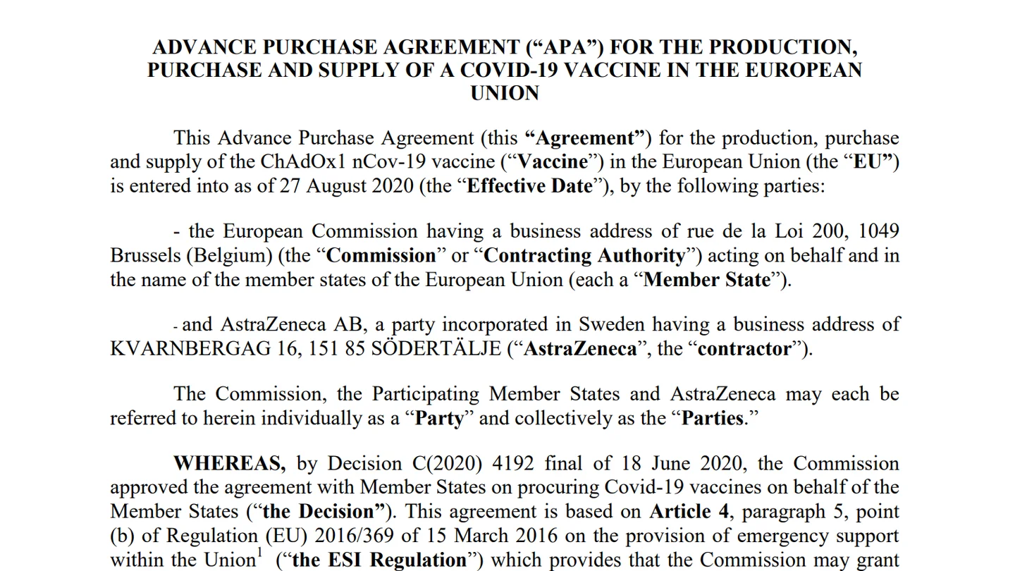 Captura del contrato firmado entre AstraZeneca y la Comisión Europea vacunas coronavirus