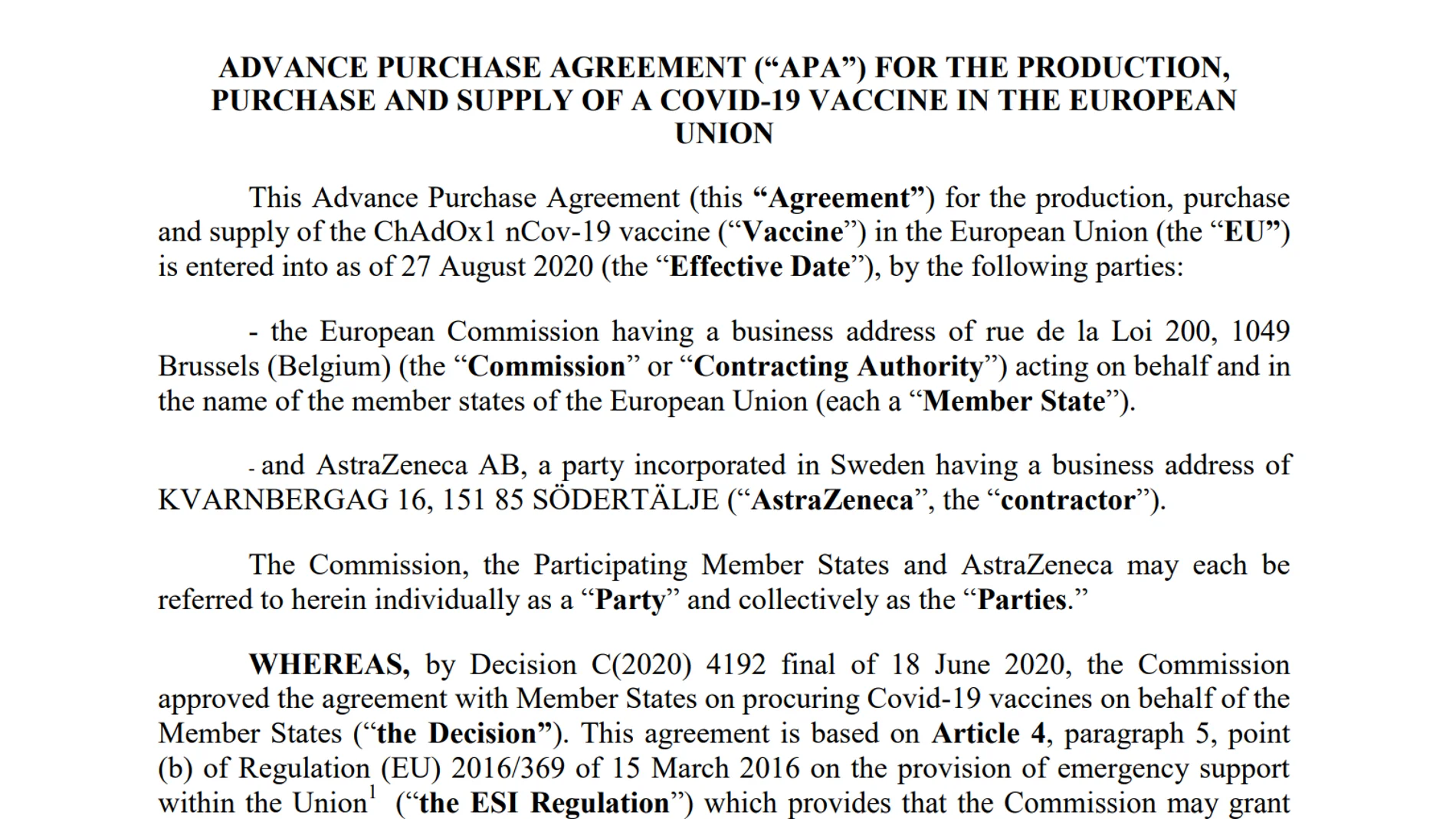 Captura del contrato firmado entre AstraZeneca y la Comisión Europea