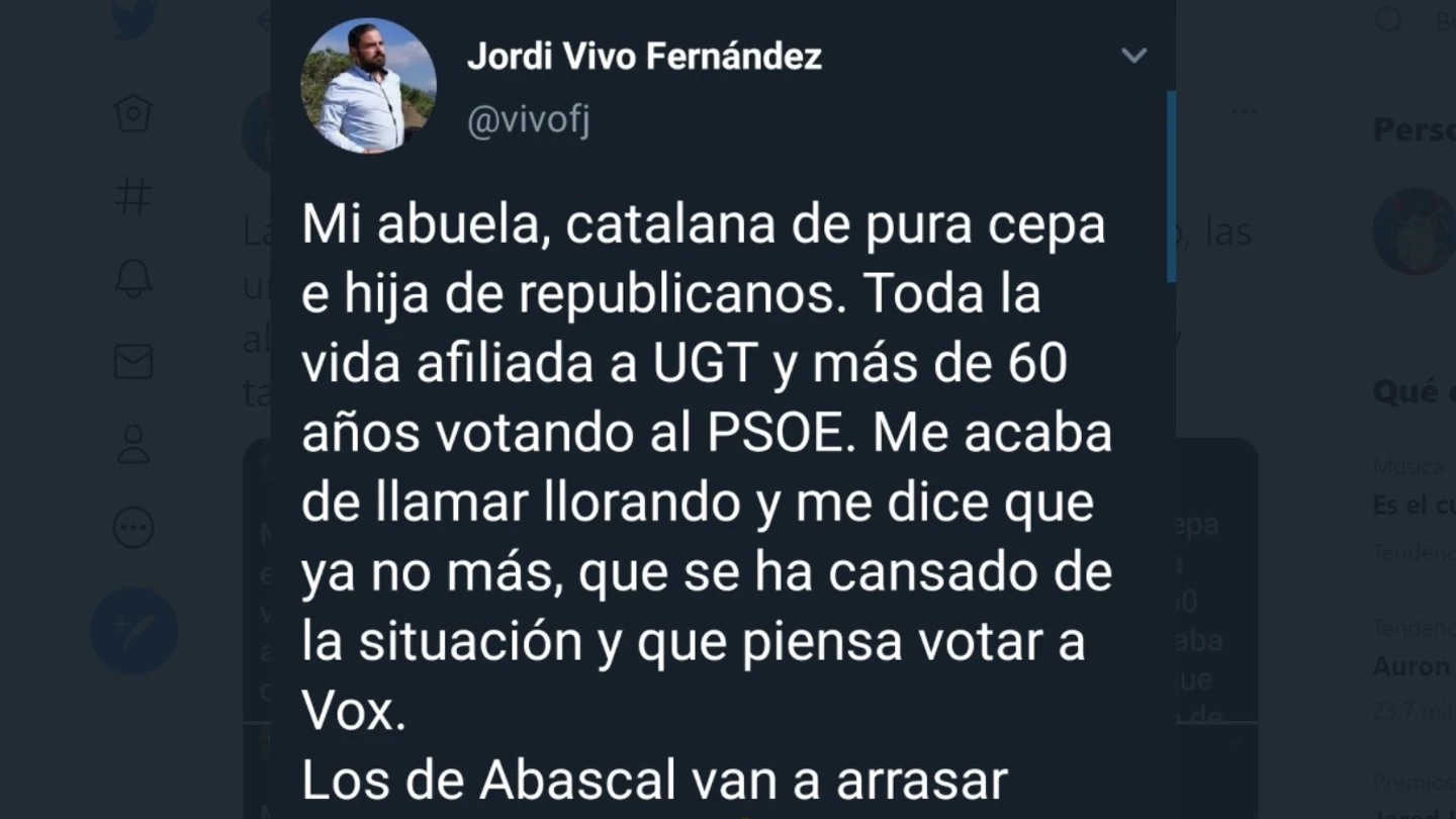 Captura del mensaje de apoyo a Vox que se ha replicado en deferentes cuentas. Captura del mensaje de apoyo a Vox que se ha replicado en deferentes cuentas.