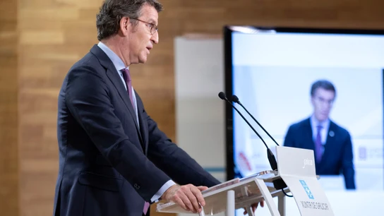 El presidente de la Xunta, Alberto Núñez Feijóo, en una rueda de prensa tras el Consello Vacuna Galicia
