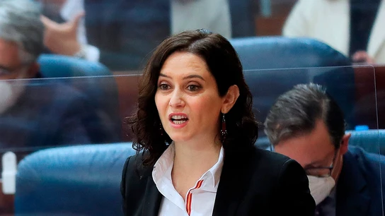 La presidenta de la Comunidad de Madrid, Isabel Díaz Ayuso, durante su intervención en la Asamblea. La presidenta de la Comunidad de Madrid, Isabel Díaz Ayuso, durante su intervención en la Asamblea.