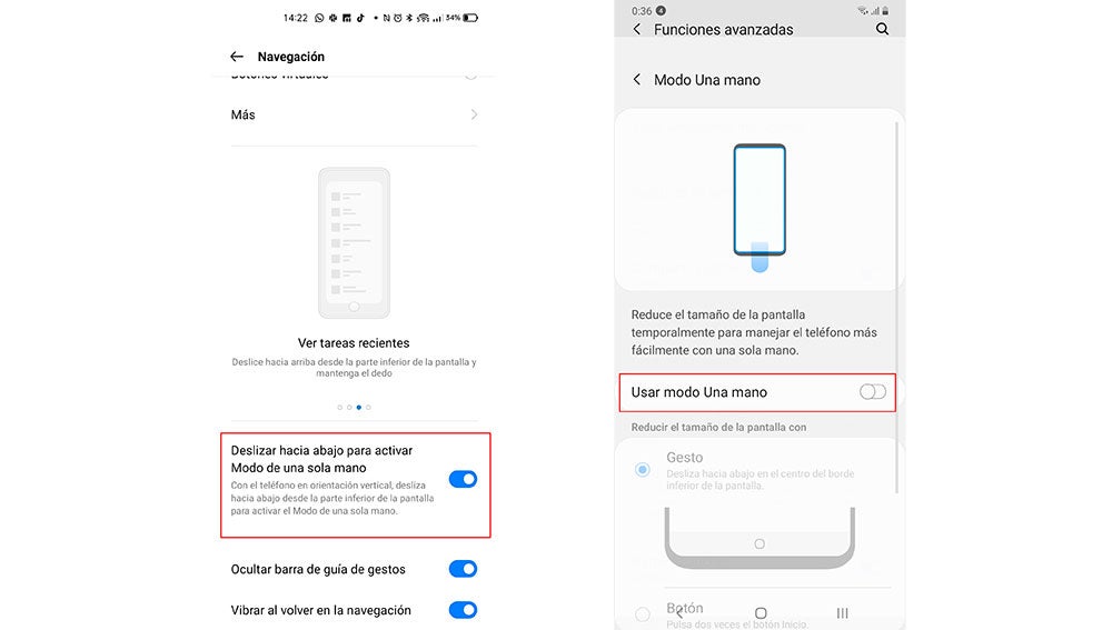 Modo a una mano en un móvil Realme y otro Samsung