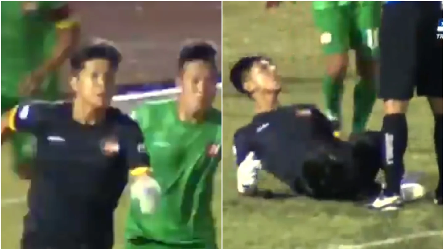 Un portero de Vietnam pierde la cabeza y celebra una parada delante del árbitro Un portero de Vietnam pierde la cabeza y celebra una parada delante del árbitro