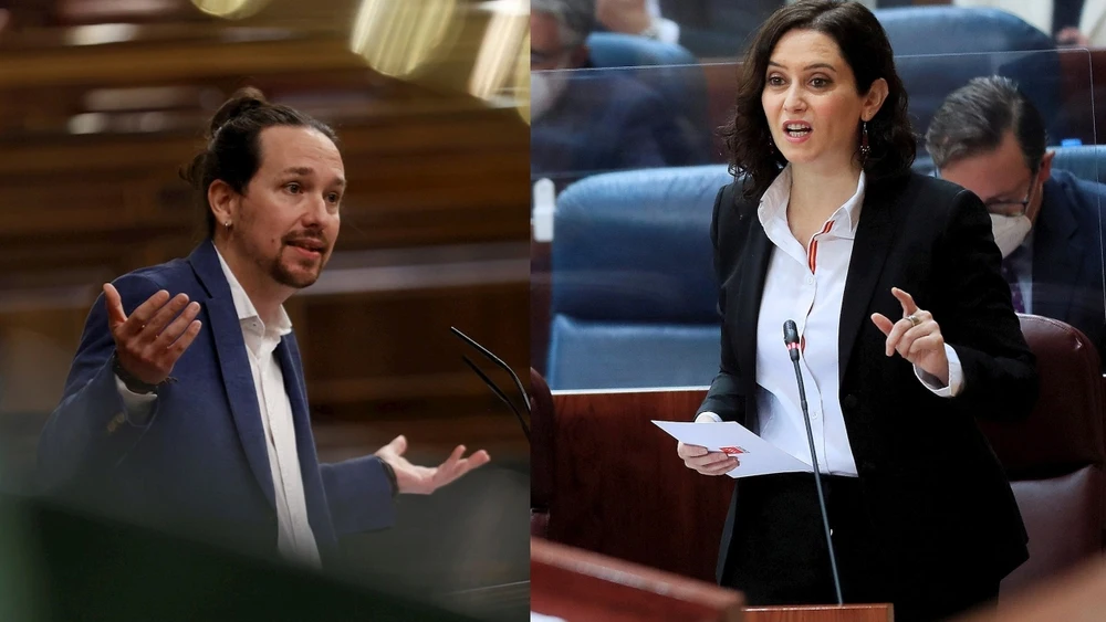 A la izquierda, Pablo Iglesias, a la derecha, Isabel Díaz Ayuso en imágenes de archivo.