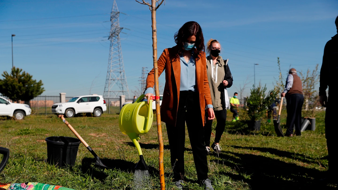 La presidenta de la Comunidad de Madrid, Isabel Díaz Ayuso, participa este martes en Getafe en las tareas de reforestación dirigidas a paliar la pérdida de arbolado a causa de la borrasca Filomena. La presidenta de la Comunidad de Madrid, Isabel Díaz Ayuso, participa este martes en Getafe en las tareas de reforestación dirigidas a paliar la pérdida de arbolado a causa de la borrasca Filomena.