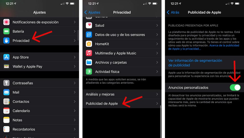 Desactivar el rastreo de anuncios personalizados de Apple.