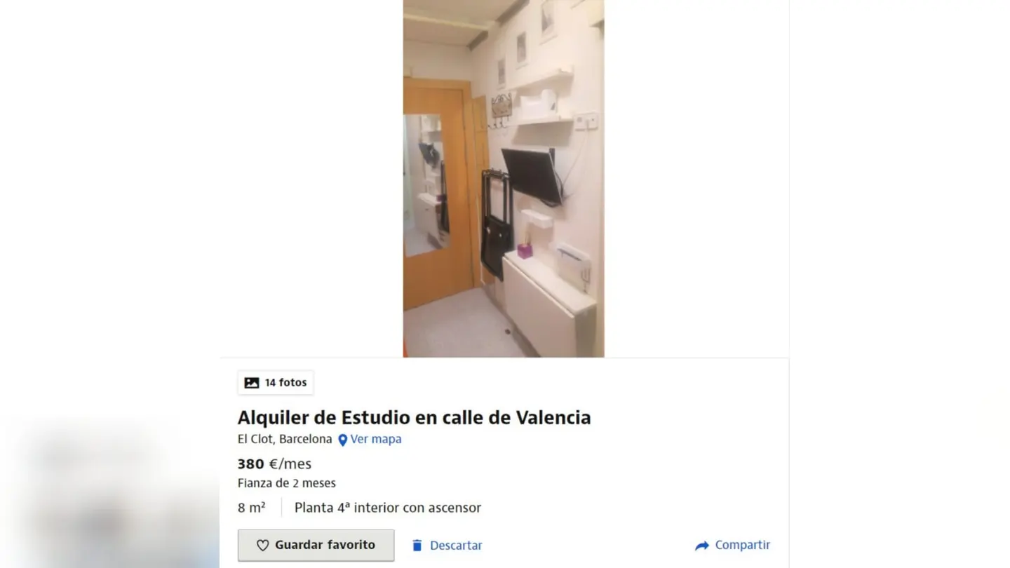 El anuncio de Idealista en el piden 380 euros por el alquiler de un estudio de 8 metros cuadrados en Barcelona Anuncio alquiler estudio en Barcelona