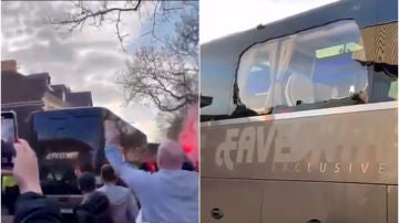El autobús del Real Madrid, apedreado a su llegada a Anfield