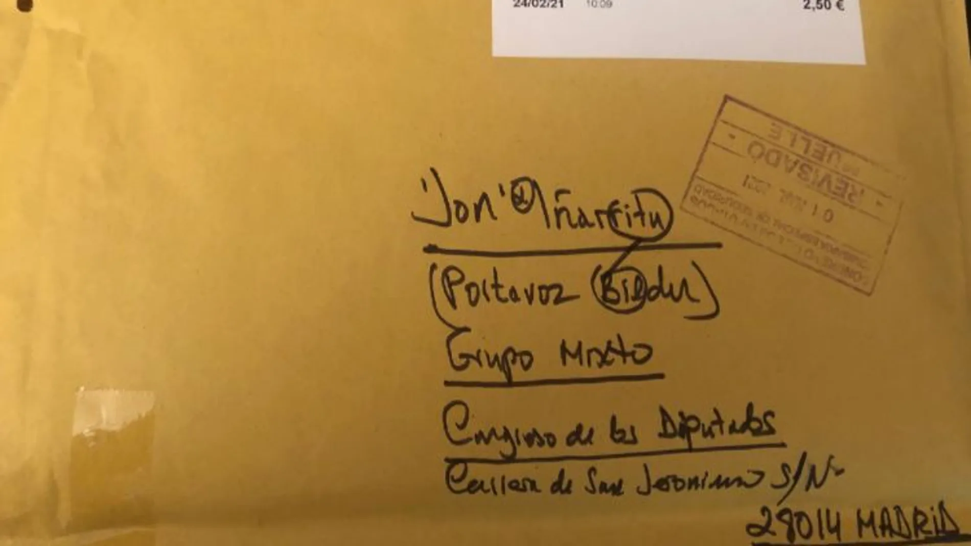 El sobre que recibió el diputado Iñarritu.