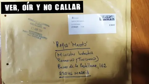 Imagen del sobre recibido por la ministra Reyes Maroto Imagen del sobre recibido por la ministra Reyes Maroto