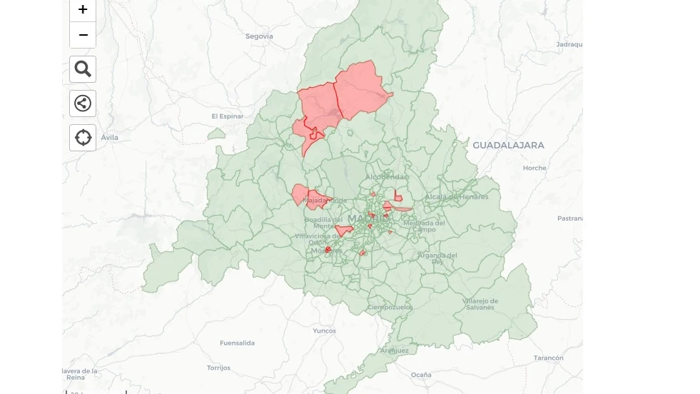 Mapa de las zonas confinadas en Madrid