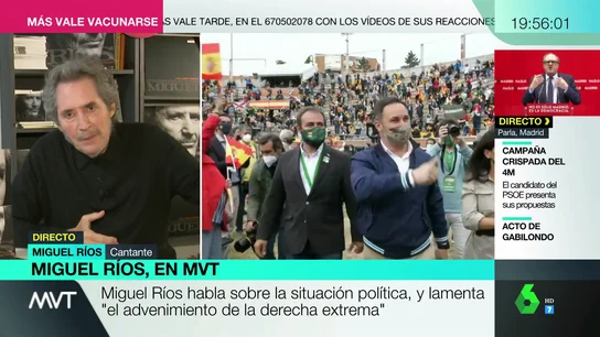 Miguel Ríos lamenta el "advenimiento de la derecha extrema": "Esa derecha estaba escondida tras 40 años de masacrar a la izquierda" Miguel Ríos lamenta el "advenimiento de la derecha extrema": "Esa derecha estaba escondida tras 40 años de masacrar a la izquierda"
