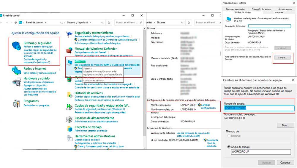 Cambiando el nombre desde el panel de control