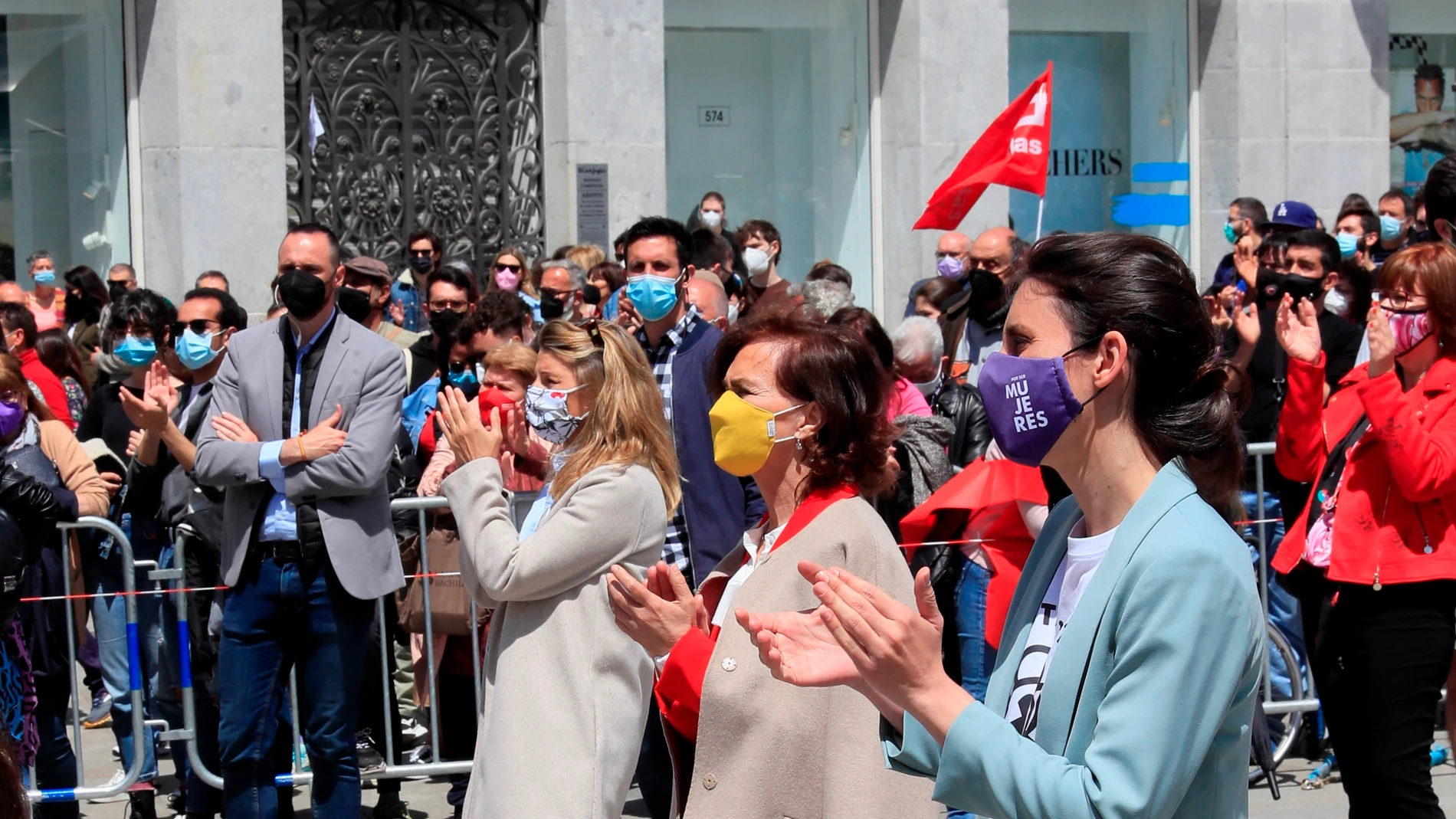 Yolanda Díaz, Carmen Calvo e Irene Montero, en la manifestación del Primero de Mayo