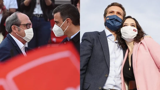 Ángel Gabilondo junto a Pedro Sánchez e Isabel Díaz Ayuso con Pablo Casado en sus actos de cierre campaña Ángel Gabilondo junto a Pedro Sánchez e Isabel Díaz Ayuso con Pablo Casado en sus actos de cierre campaña