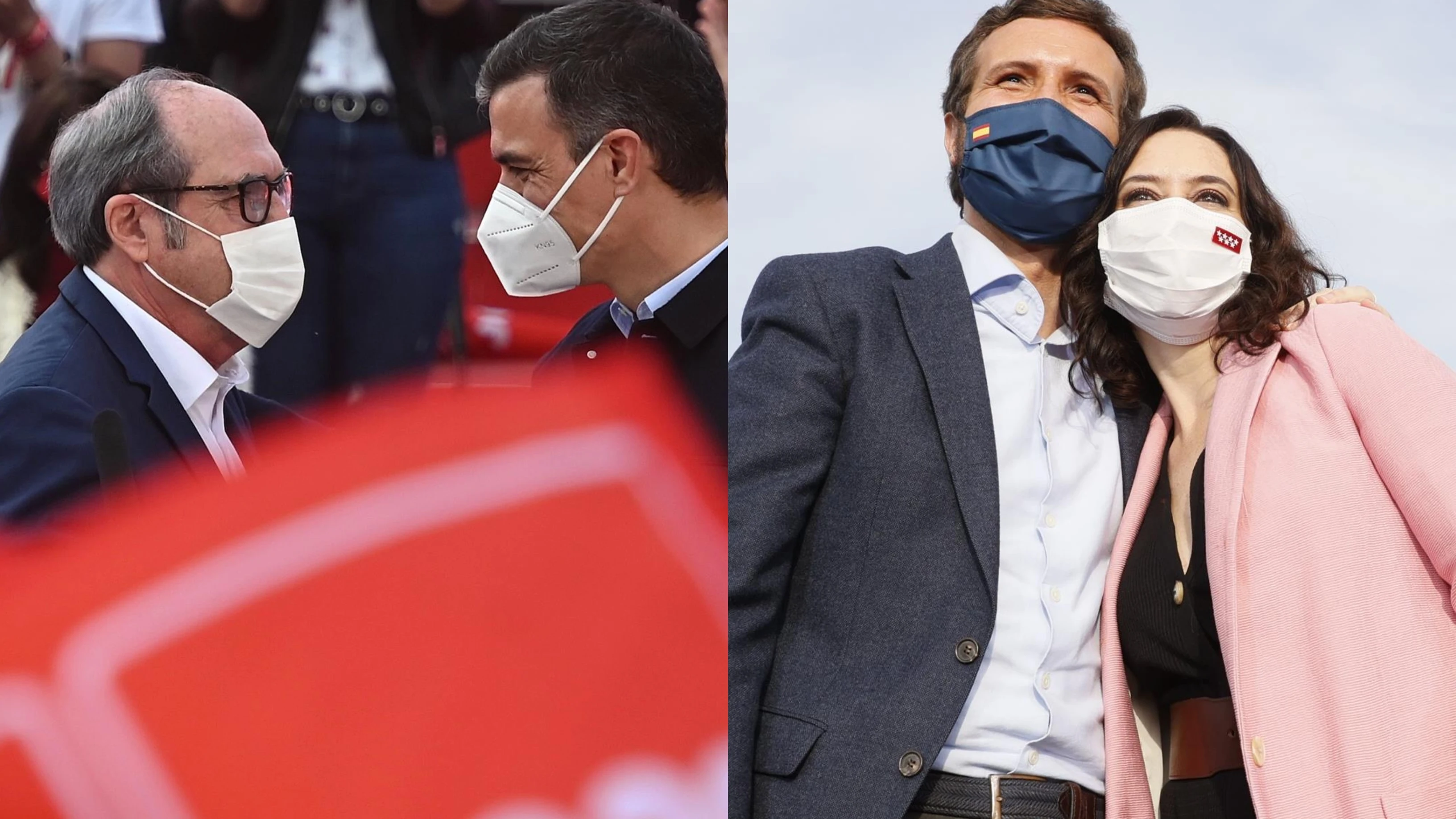 Ángel Gabilondo junto a Pedro Sánchez e Isabel Díaz Ayuso con Pablo Casado en sus actos de cierre campaña