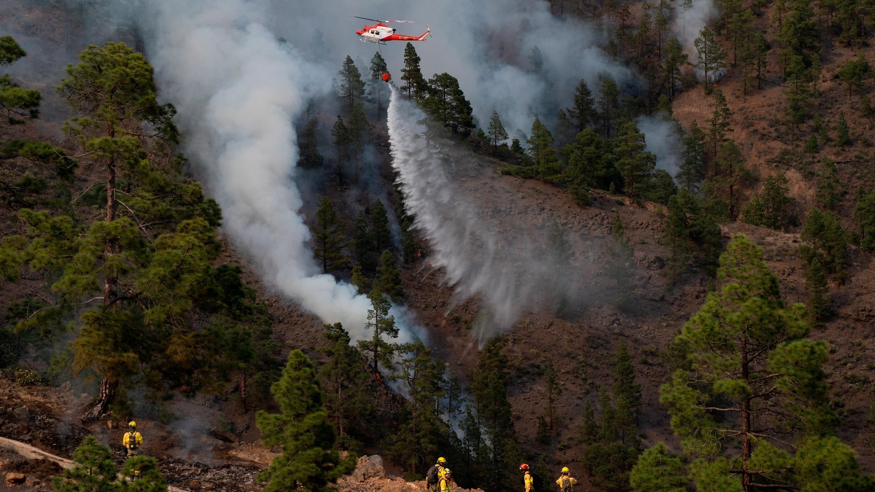 Un helicóptero del Gobierno de Canarias descarga agua sobre una de las zonas del incendio en el municipio de Arico