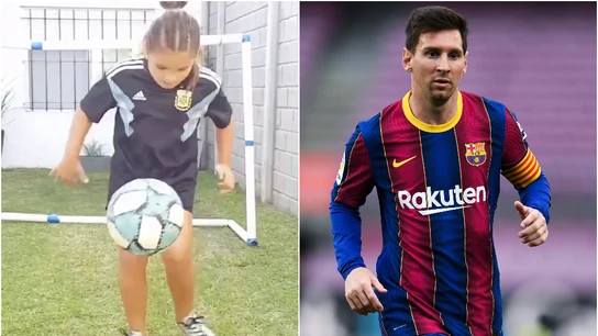 Felicitas Flores, fan de Messi dando toques a un balón / Leo Messi, con el Barcelona Felicitas Flores, fan de Messi dando toques a un balón / Leo Messi, con el Barcelona