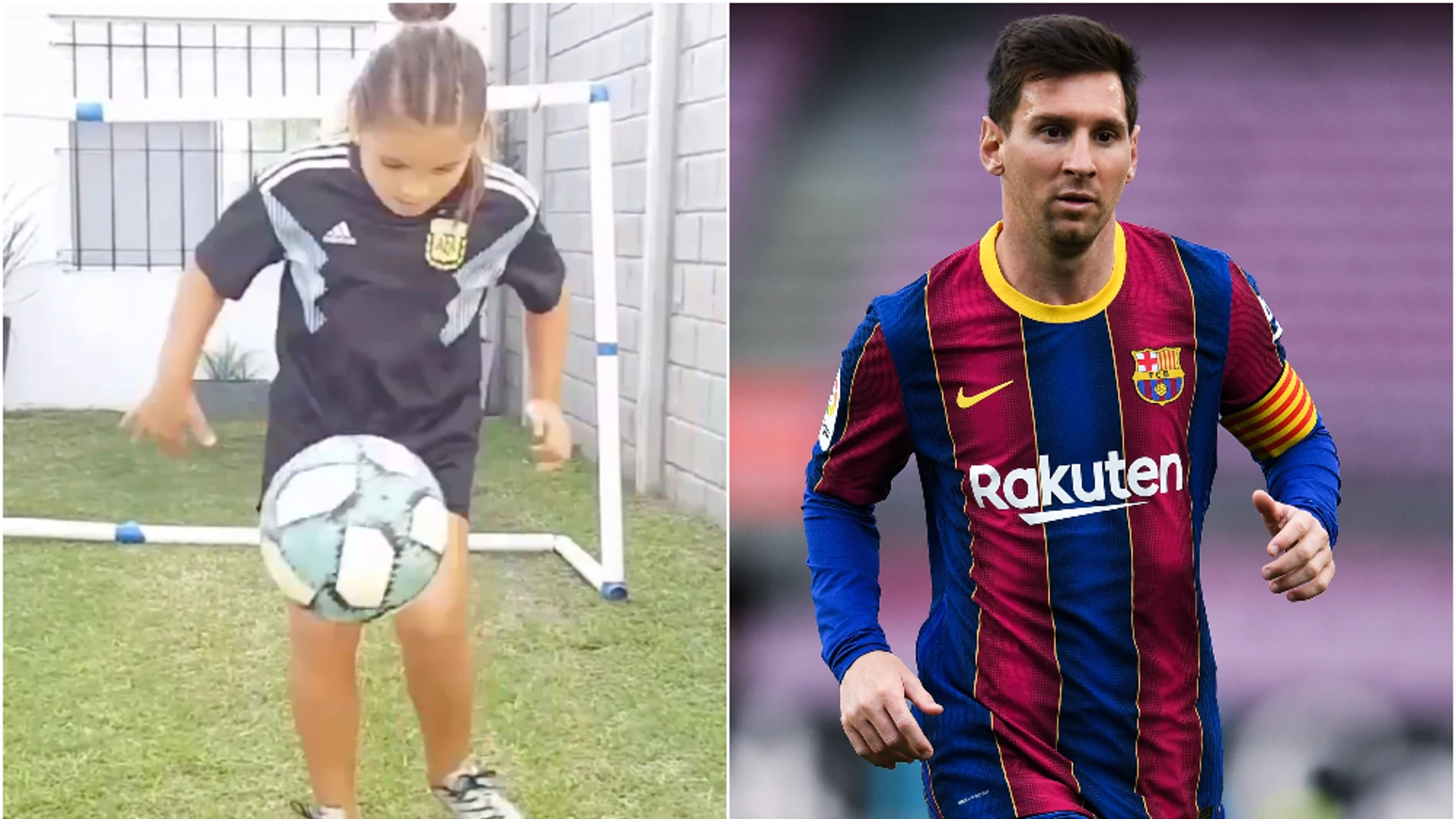 Felicitas Flores, fan de Messi dando toques a un balón / Leo Messi, con el Barcelona