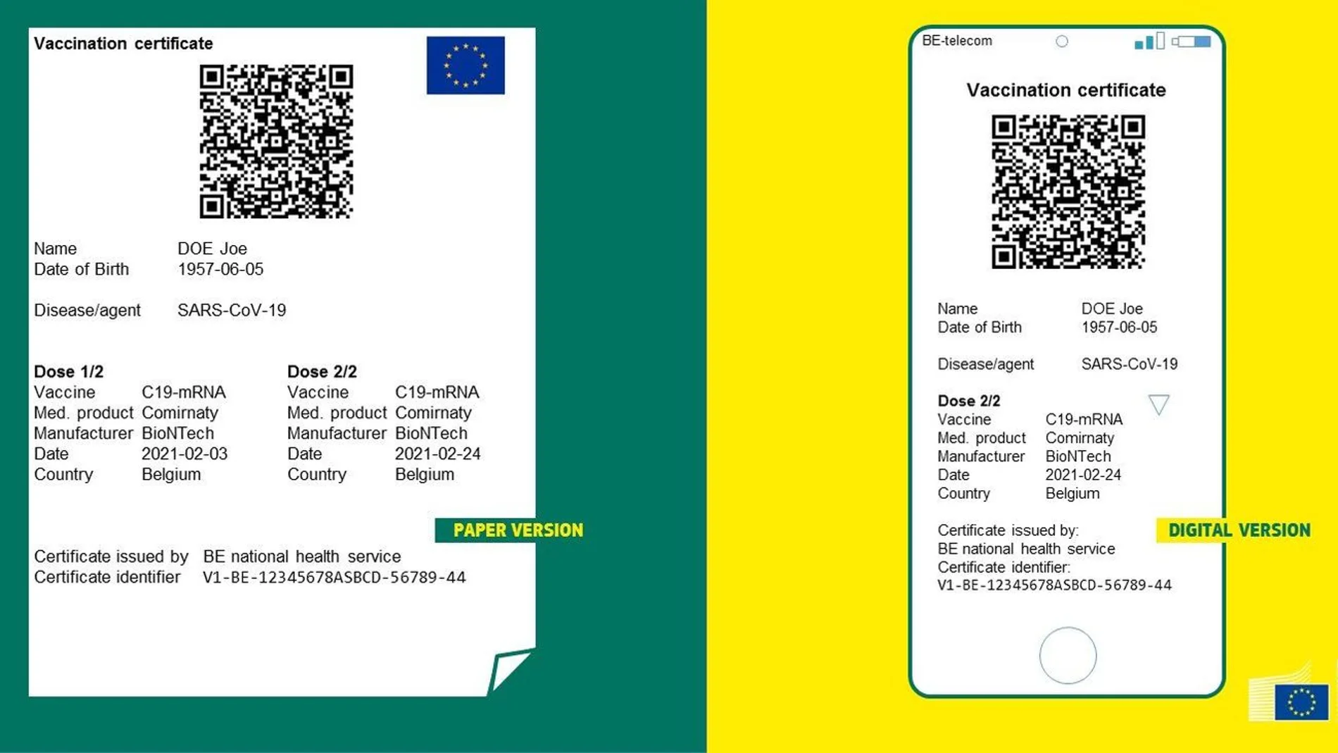 Así es el certificado de vacunación creado por la UE, en sus versiones de papel y móvil