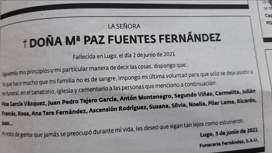 Esquela de María Paz Fuentez Fernández Esquela de María Paz Fuentez Fernández