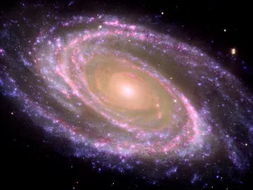Ejemplo de galaxia espiral cercana, M81, donde se identifica el bulbo (la parte central rojiza) y el disco Ejemplo de galaxia espiral cercana, M81, donde se identifica el bulbo (la parte central rojiza) y el disco